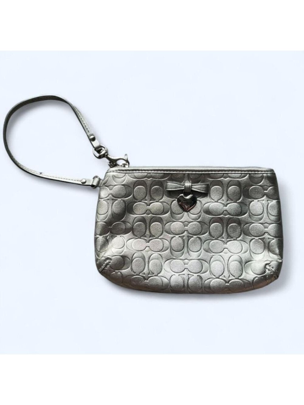 Coach Metallic Silver Wristlet w/Heart Charm Preppy Luxury Glam Chic Stylish
